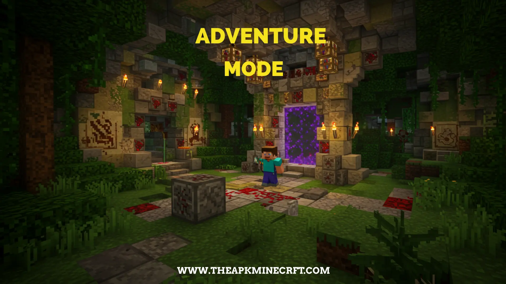 Minecraft Adventure Mode scene featuring a player standing in front of a mysterious portal surrounded by stone structures, torches, and redstone traps, highlighting the guided gameplay experience.