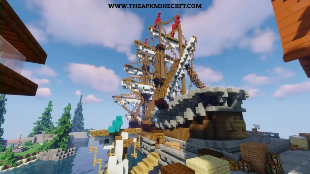 Minecraft creative build of a detailed pirate ship with sails, surrounded by water and lush greenery, showcasing endless creativity in building unique structures.