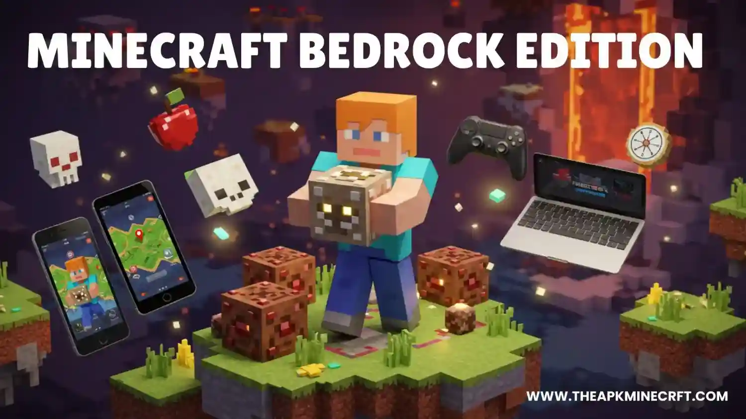 Minecraft Bedrock Edition 2 Minecraft Bedrock Edition promotional image showcasing a player surrounded by devices like phones, laptops, and controllers, highlighting cross-platform gameplay and diverse gaming experiences.