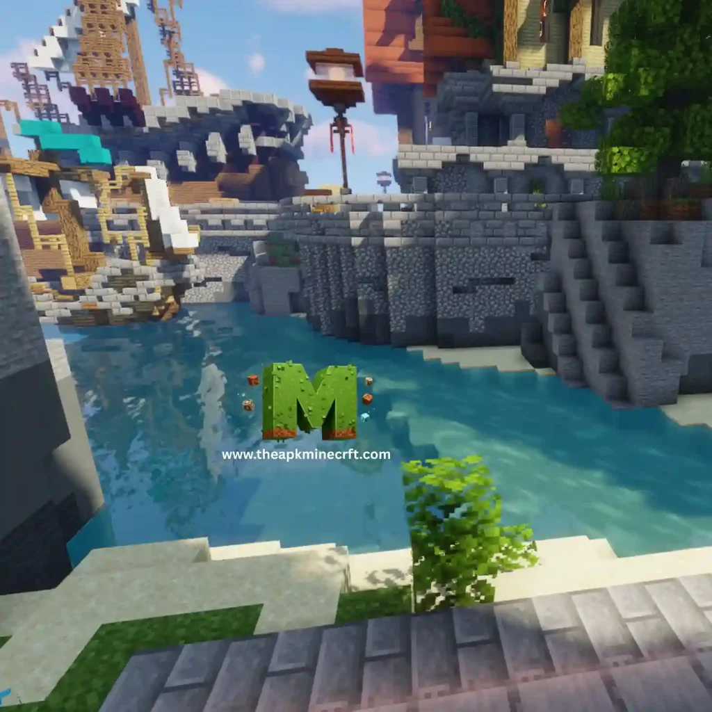 10 Minecraft scene showcasing a bustling city with intricate architecture, surrounded by water and lush greenery, highlighting the game’s creative building and exploration elements.