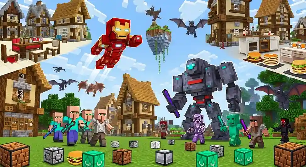 Minecraft scene featuring a vibrant village with players, iconic characters like Iron Man and robots, floating islands, and dragons, showcasing creative builds and imaginative gameplay.