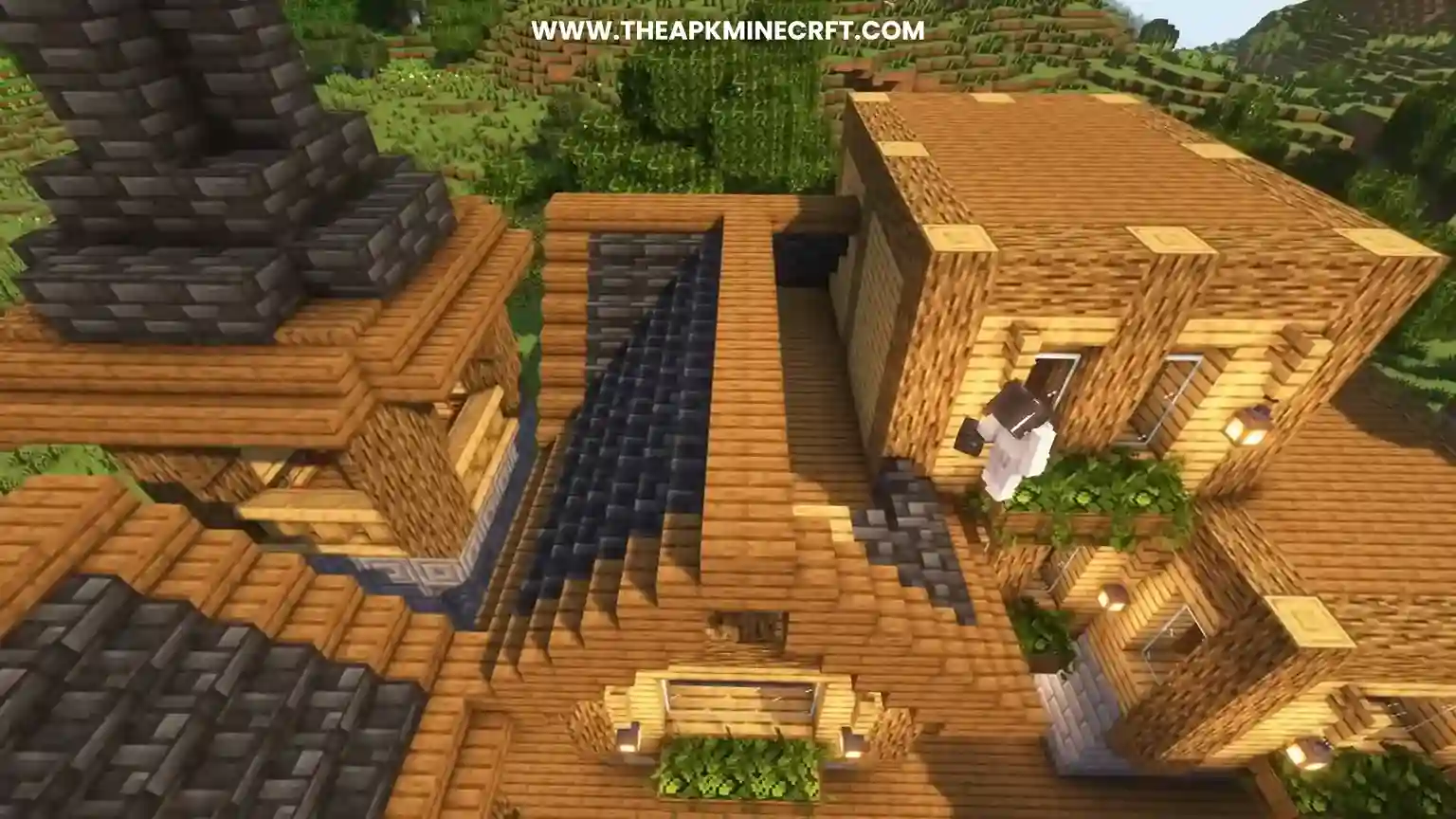 Minecraft Creative Mode scene showcasing a player building an intricate structure with wooden and stone blocks, demonstrating the limitless creativity and resource freedom available in Creative mode.
