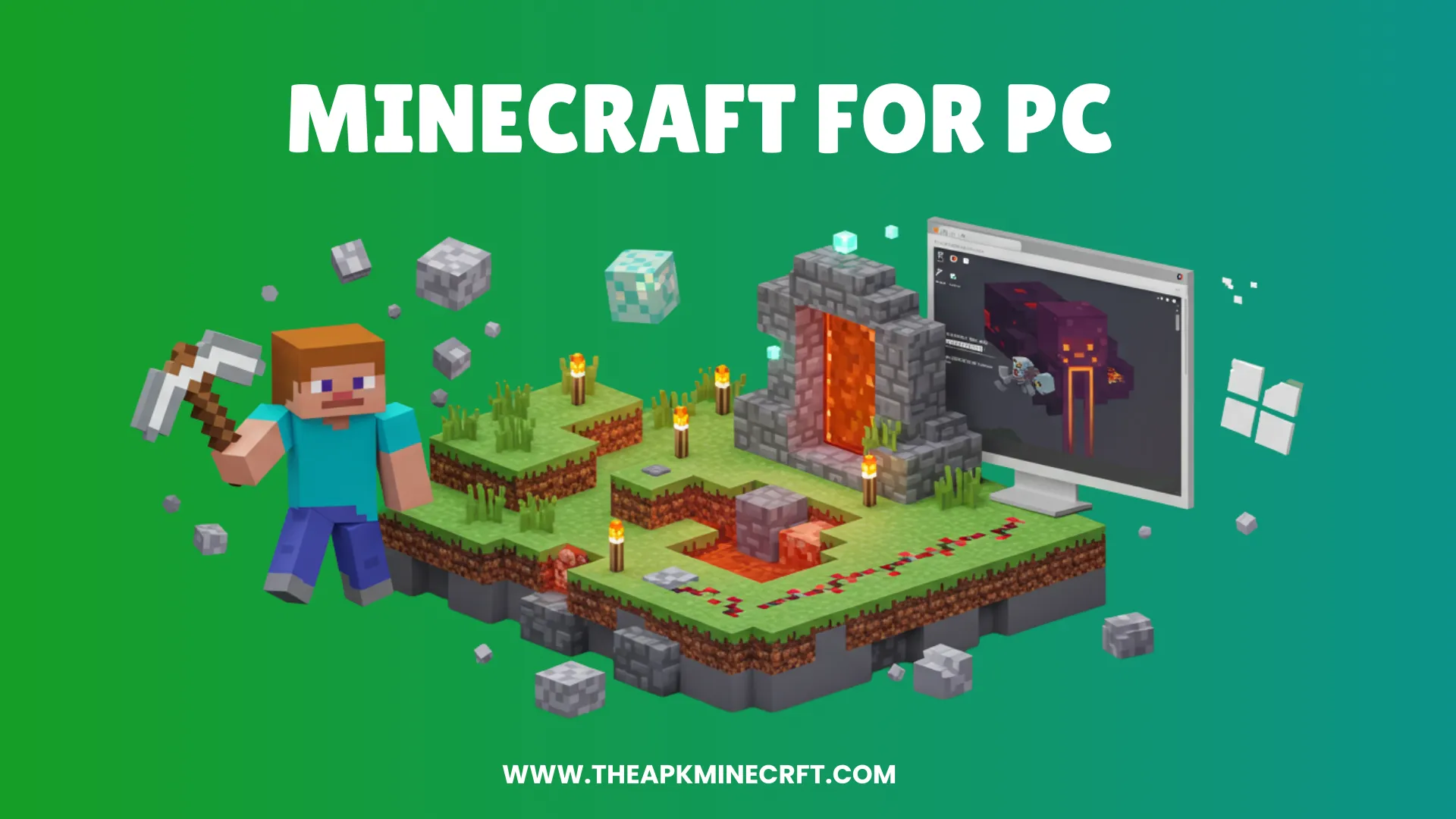 Minecraft for PC 1 Minecraft for PC promotional image featuring a player holding an axe, standing near a Nether portal and a computer screen displaying the game interface.