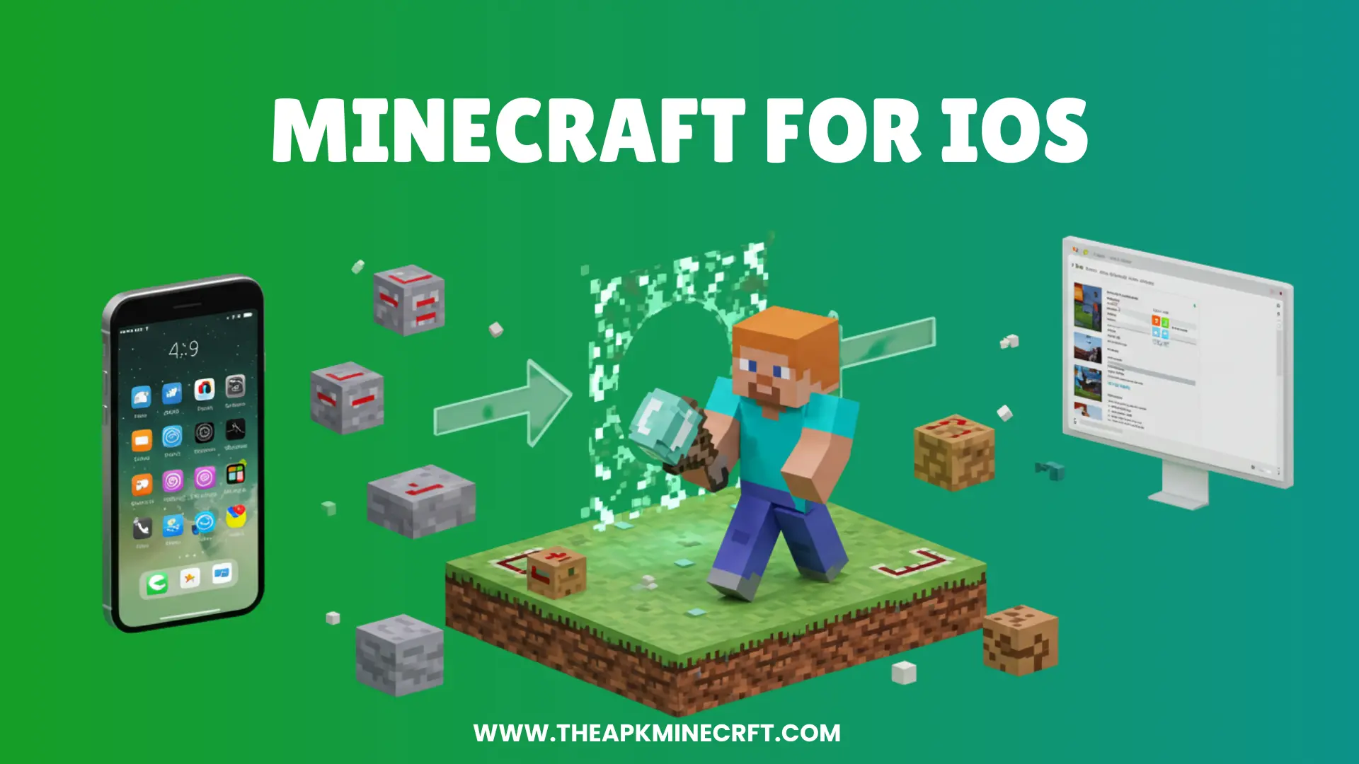 Minecraft for iOS image showcasing a player holding a diamond pickaxe, with an iPhone and computer screen displaying the game interface, emphasizing cross-platform gameplay.