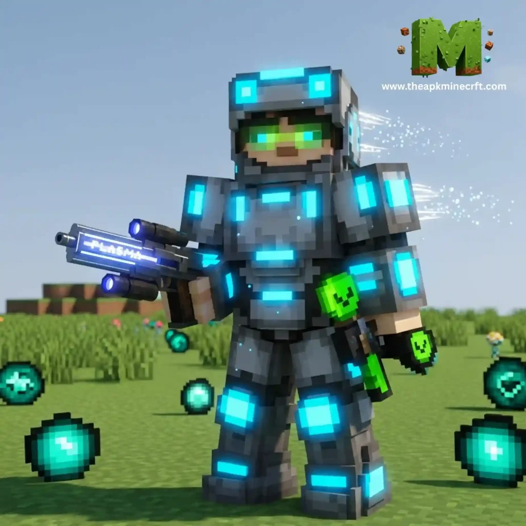 Alien Invasion Addon 2 Minecraft character wearing futuristic armor with glowing blue lights, holding a high-tech weapon, and surrounded by floating orbs in a grassy field, showcasing advanced mods and customizations.