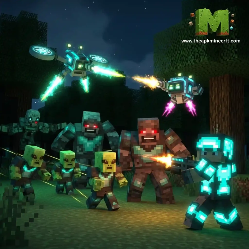 Alien Invasion Addon 3 Minecraft scene featuring players and mobs engaged in a battle with futuristic weapons, glowing effects, and robotic elements, set against a night time backdrop with advanced mods.
