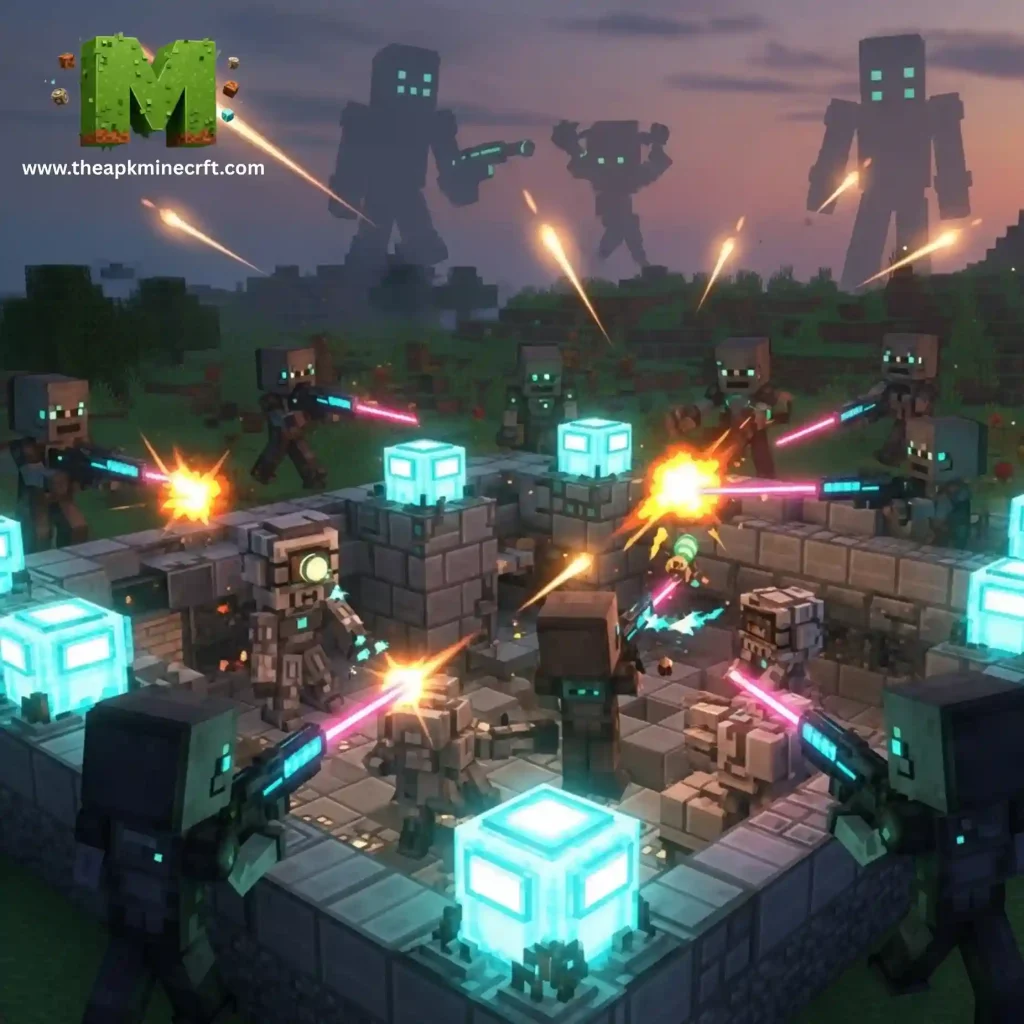 Alien Invasion Addon 5 Minecraft scene depicting an intense battle with players and robots engaged in combat using futuristic weapons, set against a dramatic sky with towering robotic figures in the background.