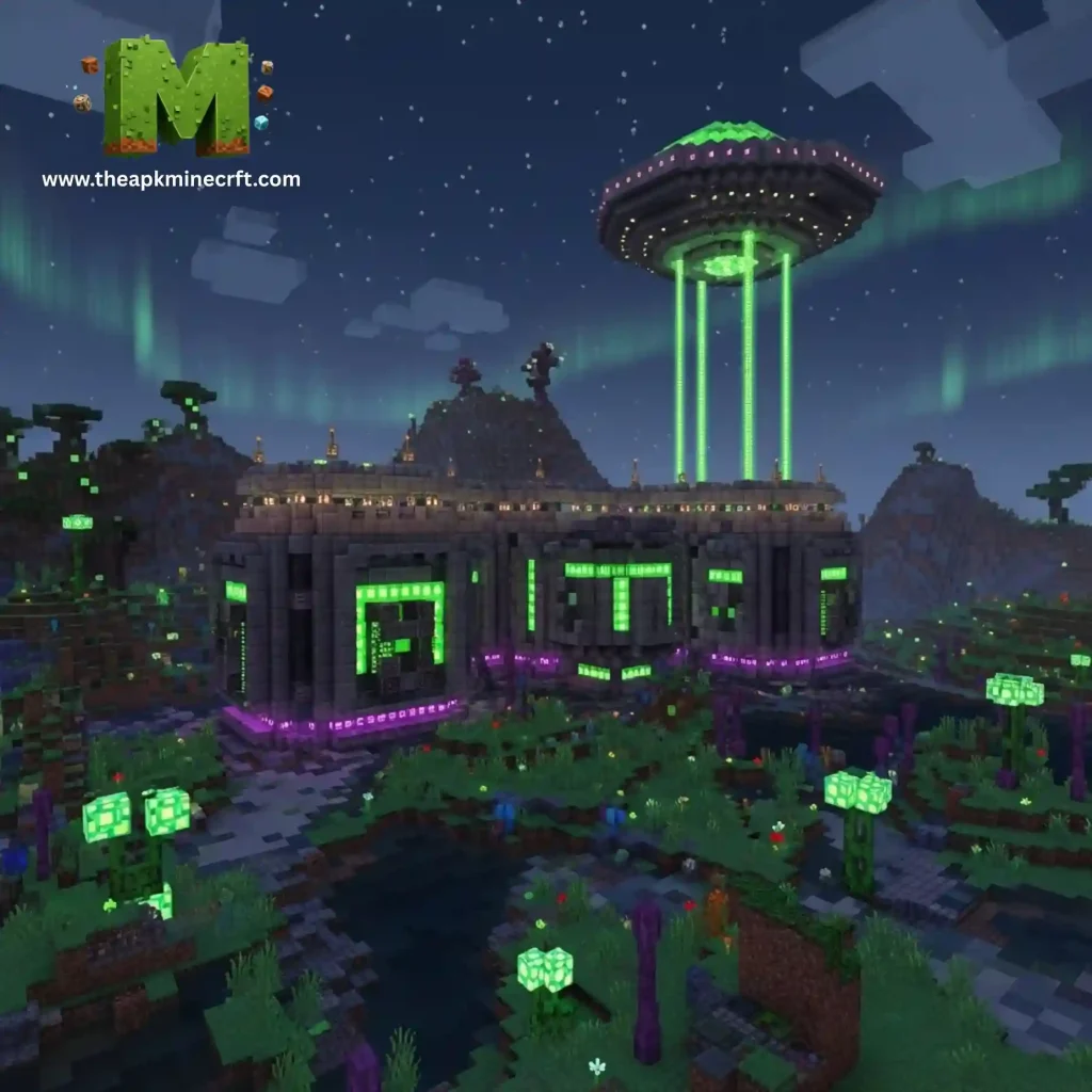 Alien Invasion Addon 4 Minecraft scene showcasing a futuristic, sci-fi-inspired structure with glowing green lights and advanced technology, set against a starry night sky with auroras in the background.
