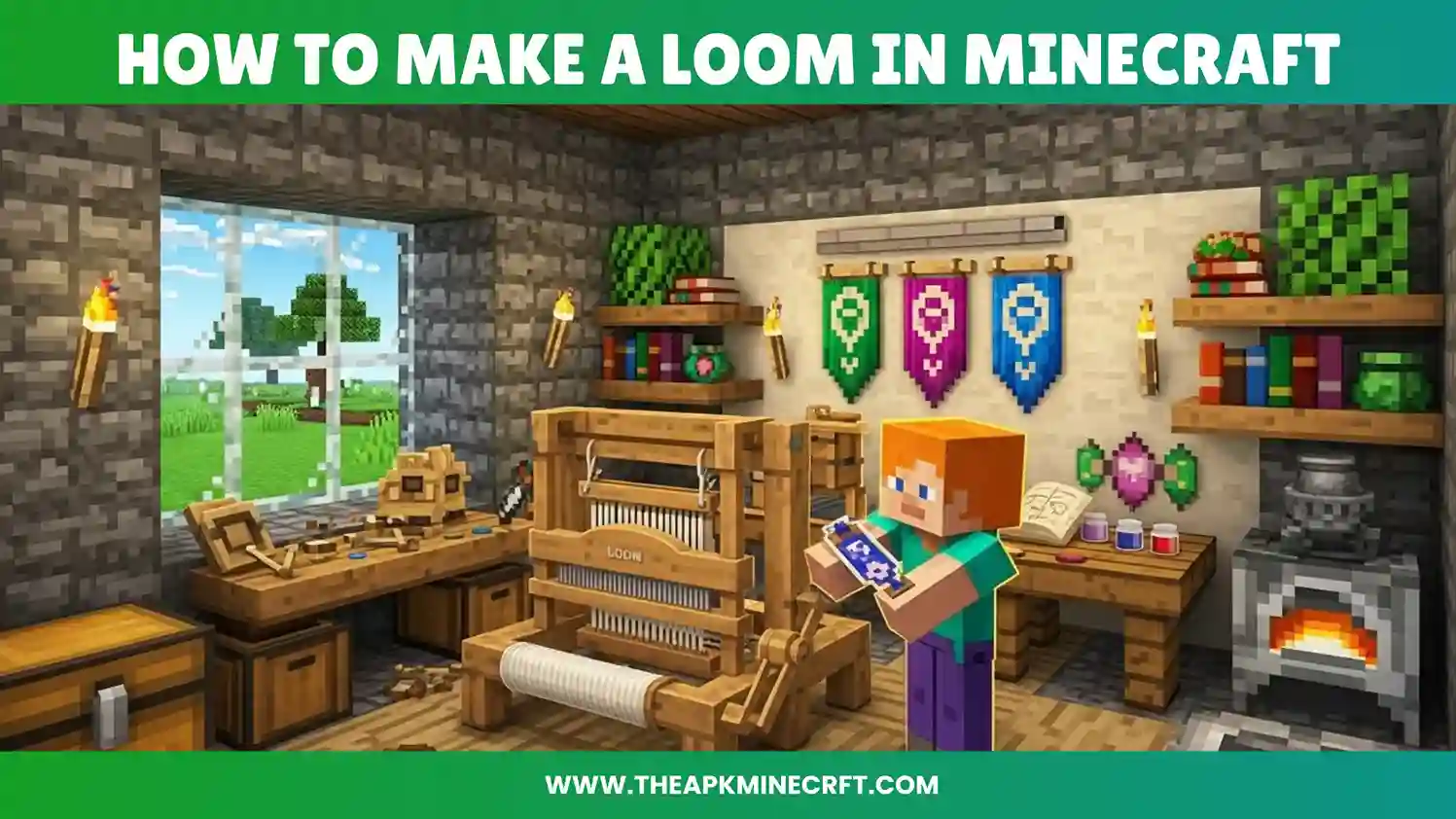 Minecraft scene showing a player using a loom to craft patterns in a cosy workshop, demonstrating the process of creating custom items and decorations.