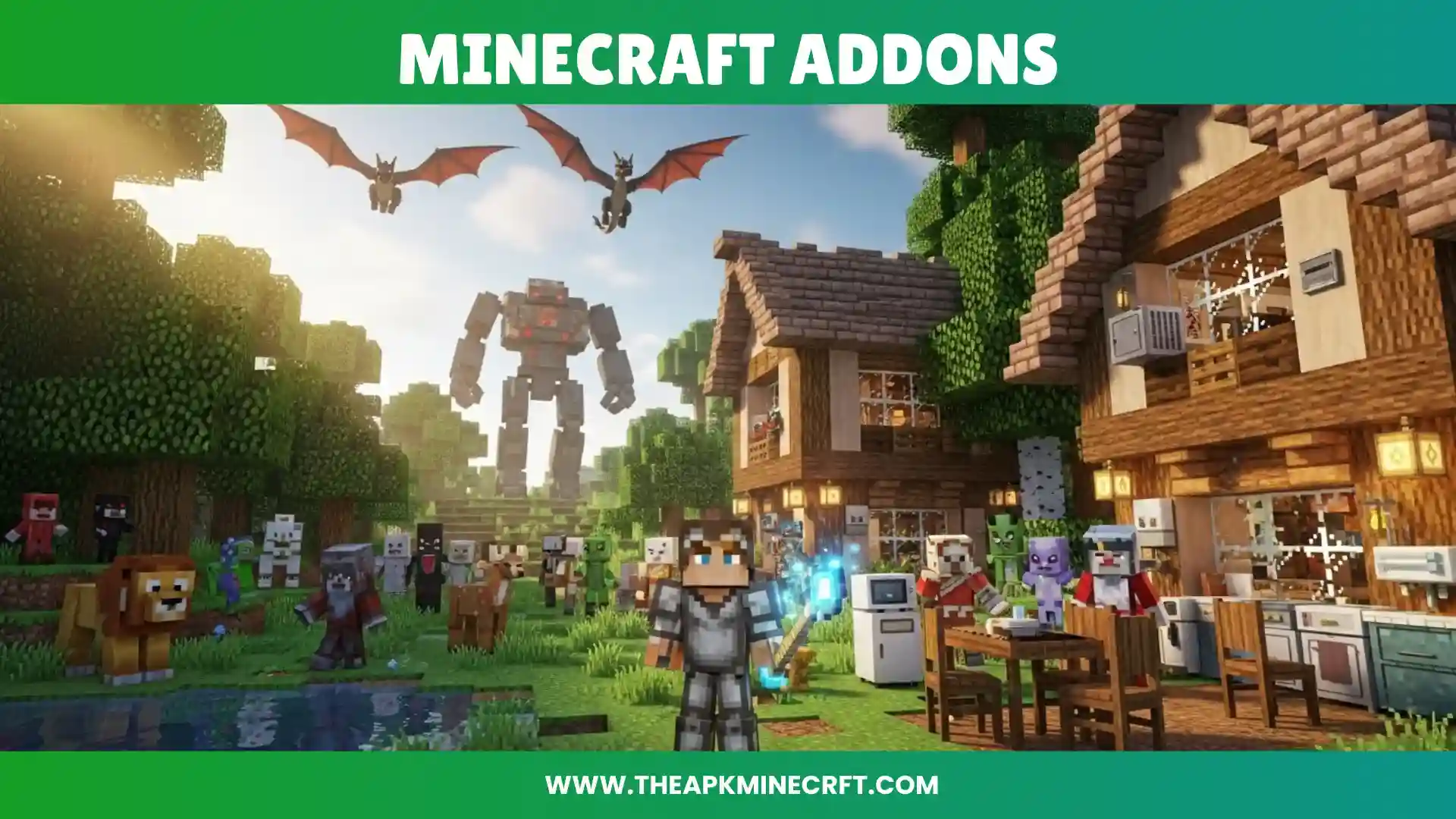 Minecraft scene featuring a lively village with players, robots, and flying dragons, showcasing creative builds and diverse characters in a vibrant outdoor setting.