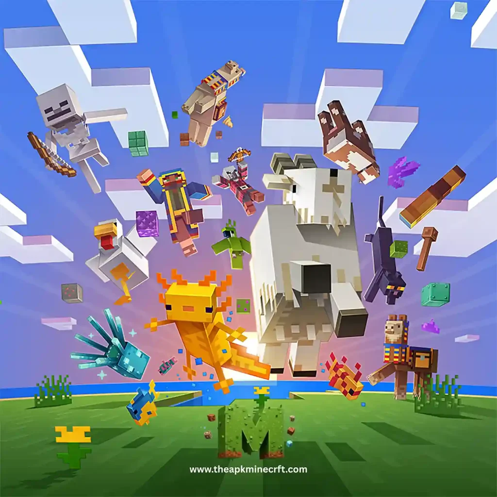 6 Minecraft scene showcasing a lively gathering of diverse mobs and players in a colorful, open environment, highlighting the game’s dynamic and interactive world.
