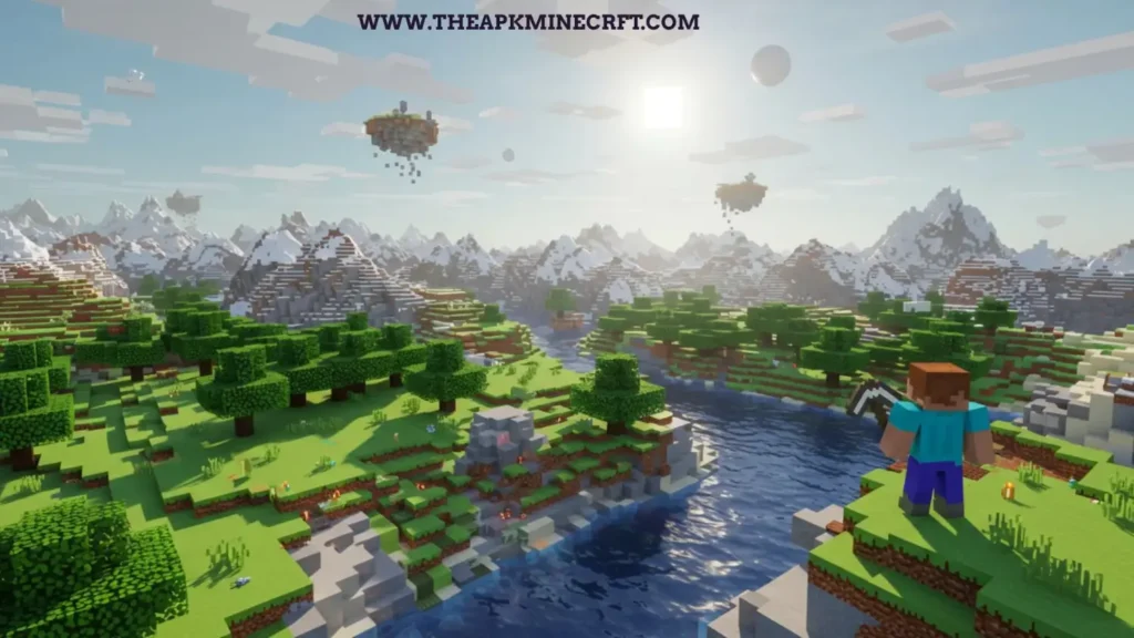Minecraft Overworld landscape featuring lush forests, snow-capped mountains, and a serene river, showcasing the diverse biomes and exploration opportunities in the game.