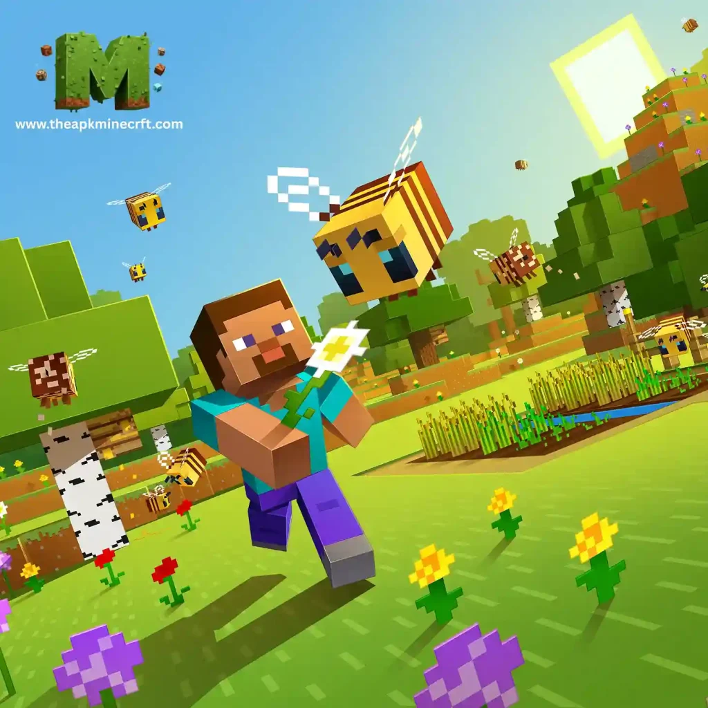 5 Minecraft scene featuring a player exploring a vibrant grassy biome with flowers, bees, and beehives, highlighting the game’s diverse and interactive environment.