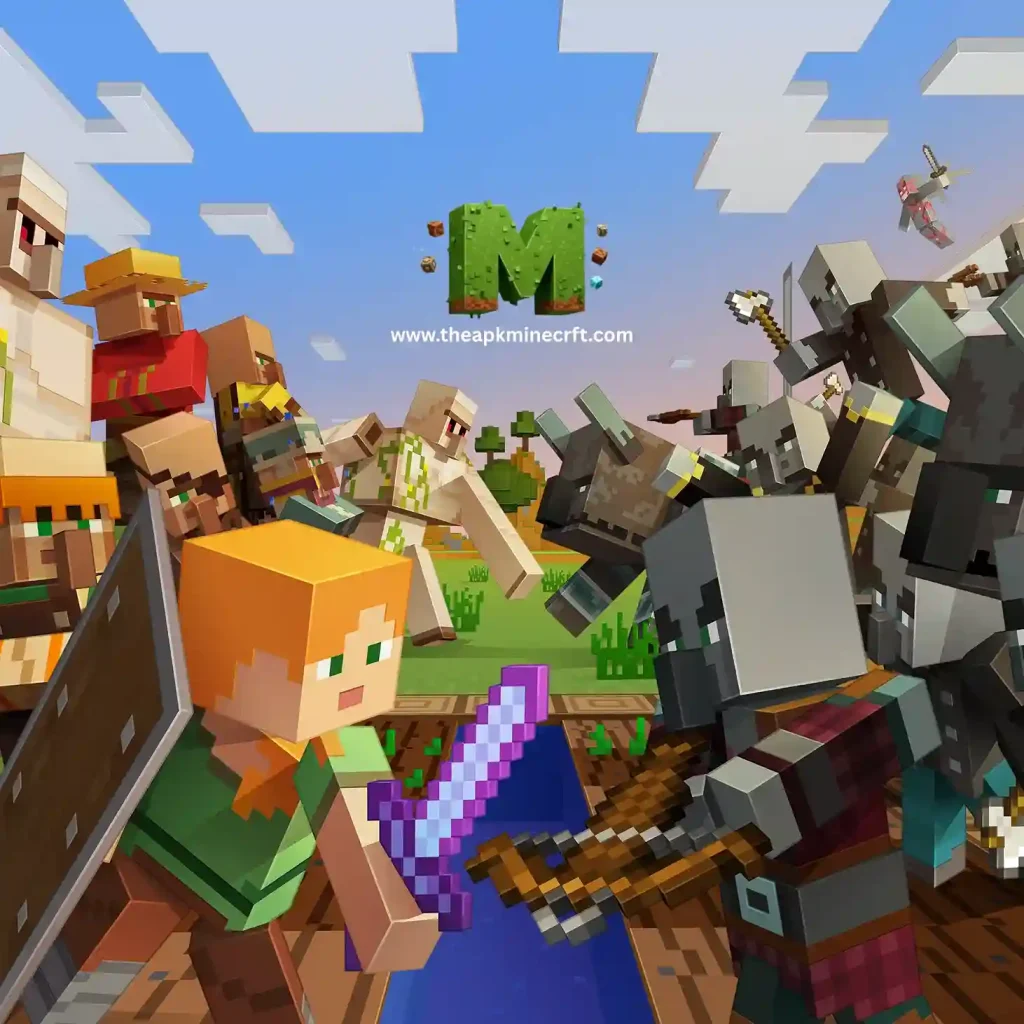 8 Minecraft scene featuring a diverse group of players and mobs engaged in dynamic gameplay, showcasing the game’s social and interactive elements.