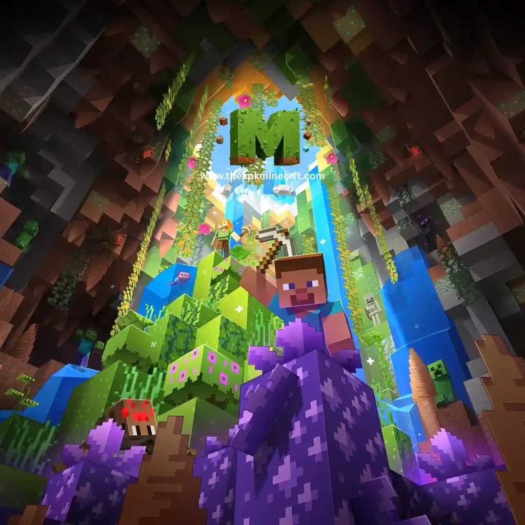 7 Minecraft scene featuring players exploring a vibrant underground cave with colorful blocks, glowing elements, and diverse mobs, showcasing the game’s immersive and adventurous gameplay.