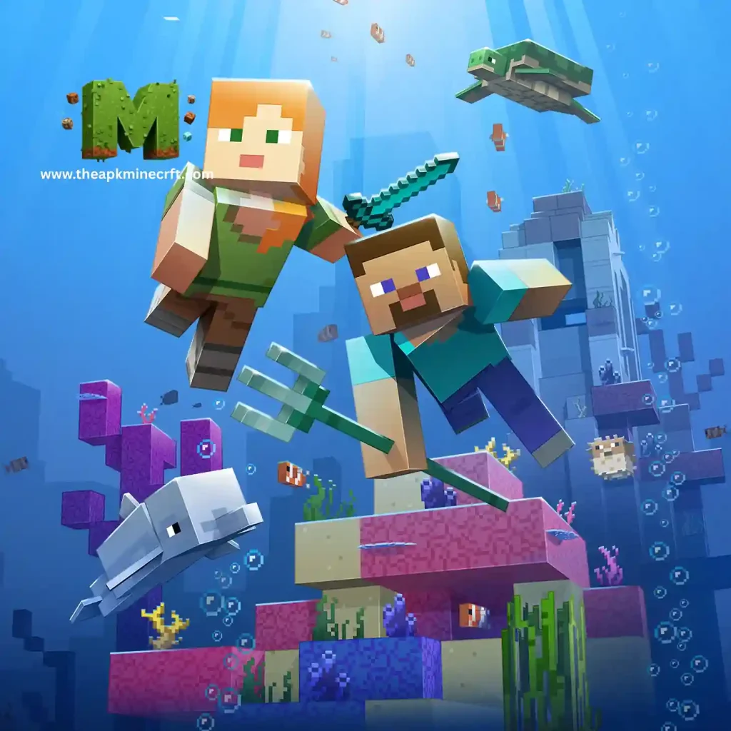9 Minecraft underwater scene featuring players exploring a vibrant ocean with colorful coral reefs, sea creatures, and floating blocks, highlighting the game’s immersive aquatic environment.