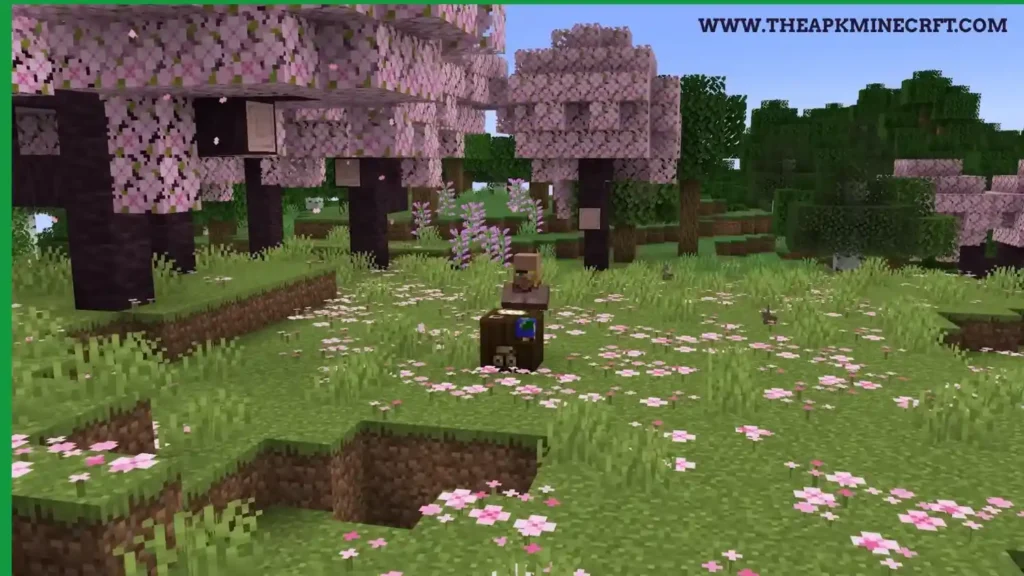 Minecraft spring scene with blooming cherry blossom trees, a grassy field filled with pink flowers, and a villager standing near a chest in pixelated style.