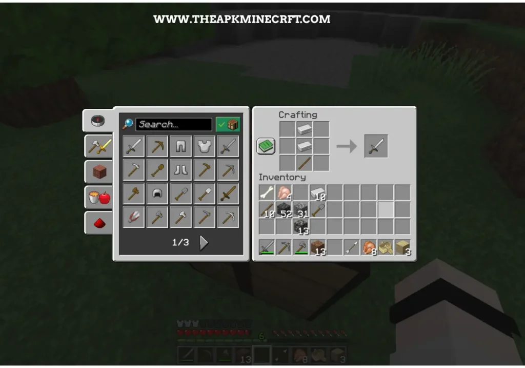 Minecraft crafting interface showing the process of creating a wooden sword using planks, highlighting the strategic resource management and gear crafting essential for survival.