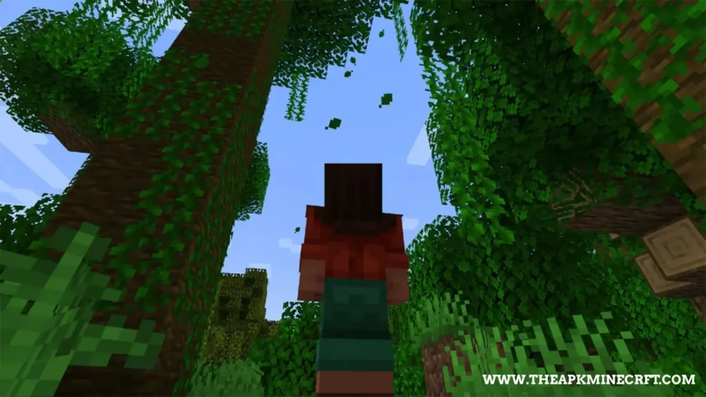 Minecraft forest scene with vibrant green trees, falling leaves, and a player exploring the lush environment, showcasing the enhanced natural ambience and immersive details.