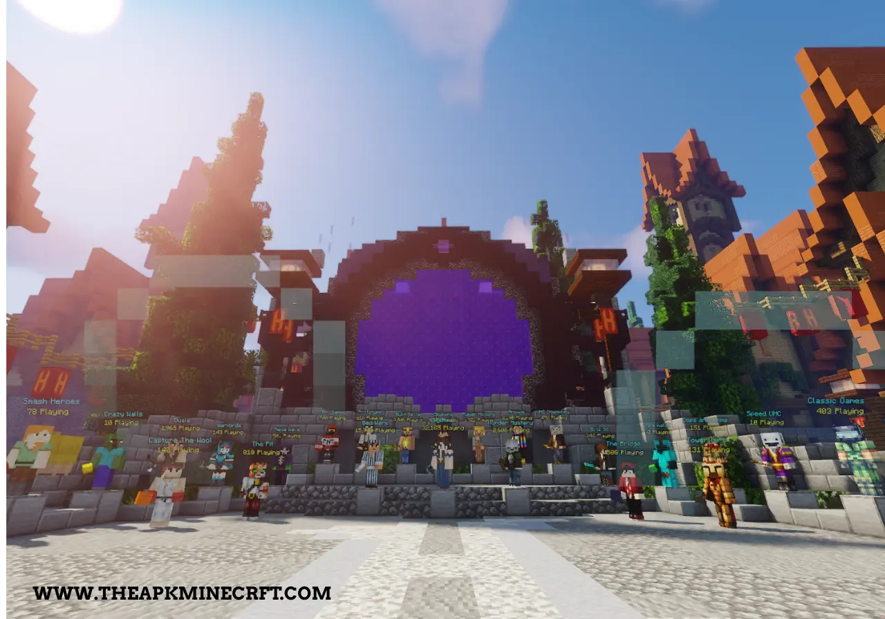 Minecraft multiplayer screen showing players joining different game servers like SkyWars and BedWars, with friends playing together online.
