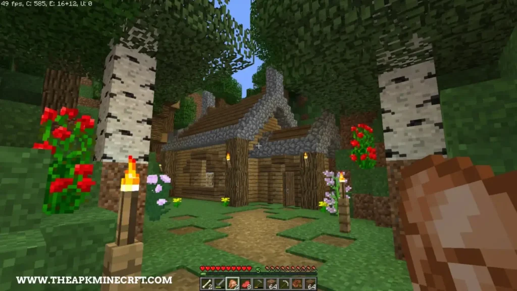 Minecraft shelter built with wooden planks and stone, surrounded by torches and flowers for protection and ambiance, showcasing creative survival design in a forest biome.