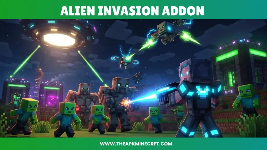 Minecraft scene featuring an Alien Invasion Addon, with players and mobs battling futuristic alien robots in a sci-fi setting with glowing weapons and flying UFOs.
