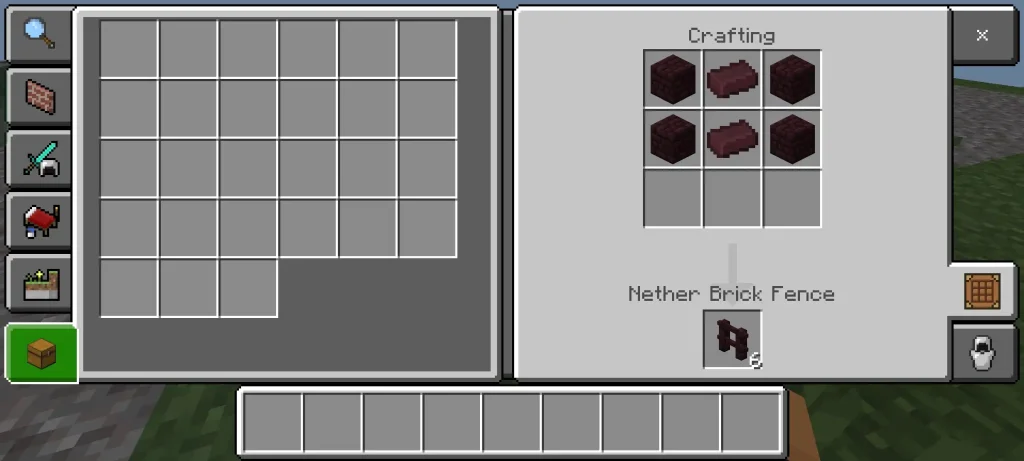 Minecraft crafting interface displaying the recipe for creating a Nether Brick Fence using Nether Bricks, showcasing basic crafting techniques.