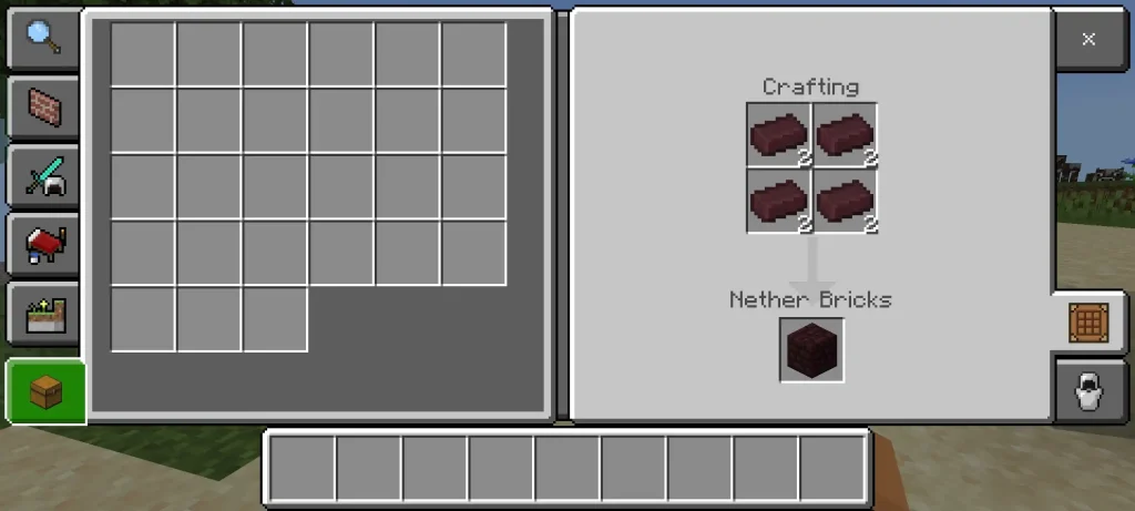Minecraft crafting interface showing the recipe for creating Nether Bricks using four Nether Brick blocks, demonstrating basic crafting mechanics.