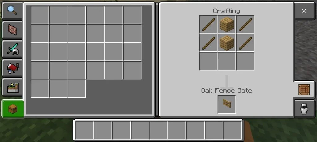 Minecraft crafting interface displaying the recipe for creating an Oak Fence Gate using wooden planks and sticks, illustrating basic crafting techniques.
