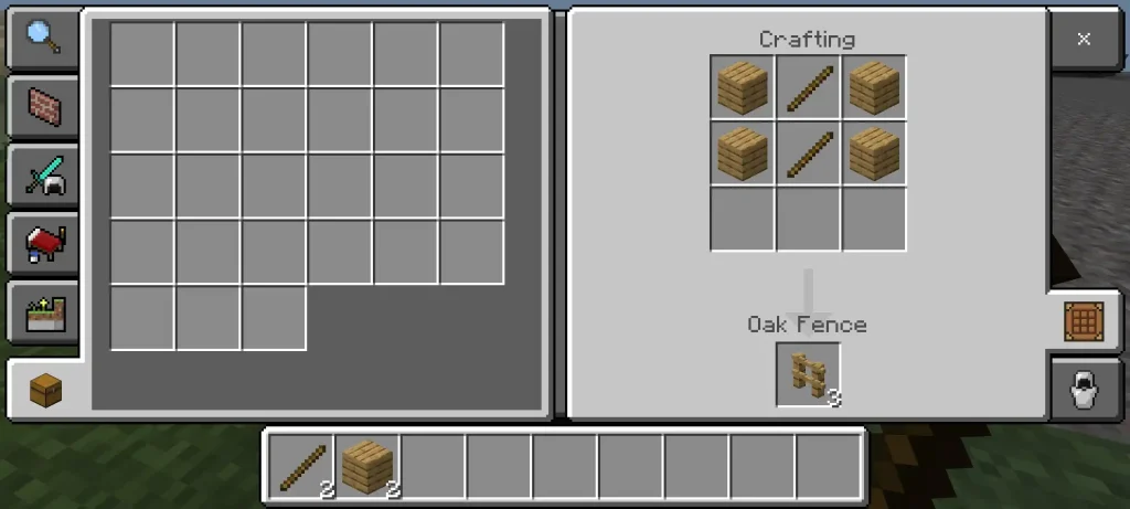 Minecraft crafting interface showing the recipe for creating an Oak Fence using wooden planks and sticks, demonstrating basic crafting mechanics.
