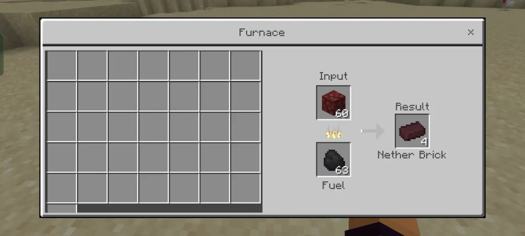 Minecraft furnace interface showing the process of smelting Nether Bricks from Netherrack, demonstrating resource processing and fuel usage.