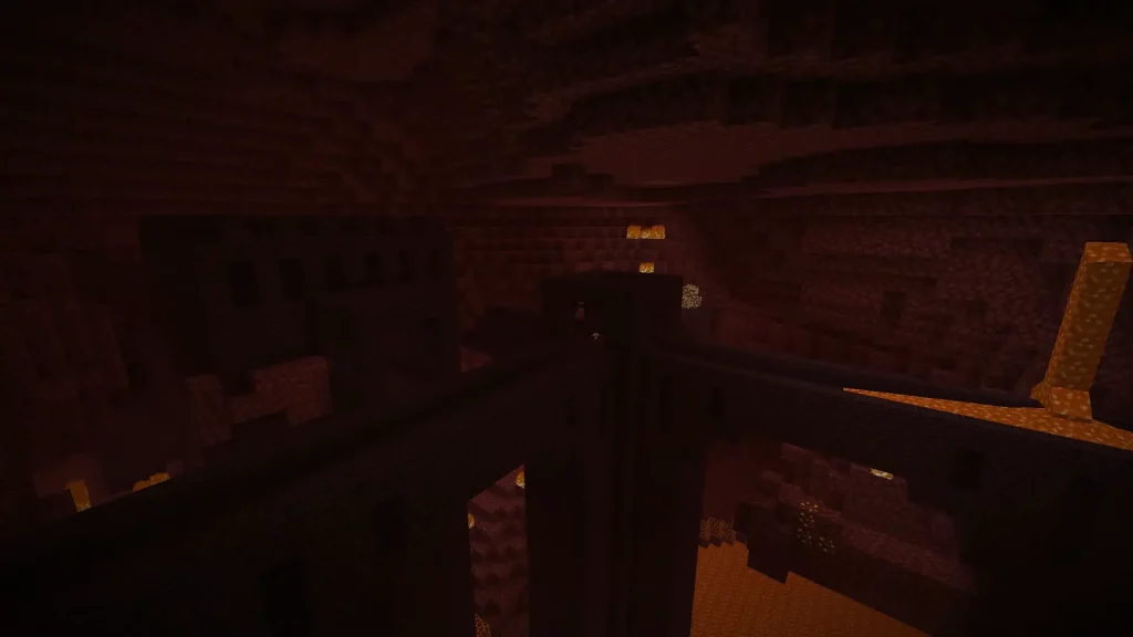Minecraft scene depicting a player navigating through the Nether dimension, surrounded by dark, fiery terrain and glowing blocks, highlighting the intense and dangerous environment.
