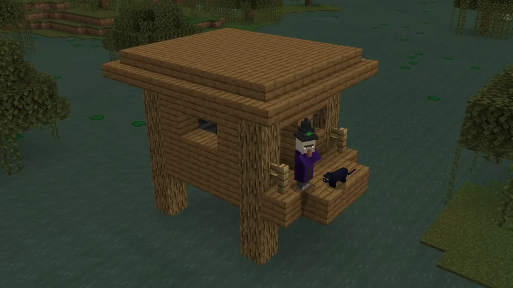 Minecraft Witch Hut on stilts in a swamp with a cat and witch NPC standing on the porch, showcasing wooden texture and swamp surroundings.