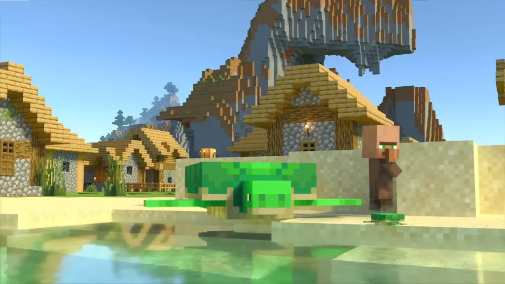 Minecraft scene featuring a player standing near a vibrant green portal, surrounded by a well-built village with wooden houses and lush surroundings, showcasing creative construction and exploration.