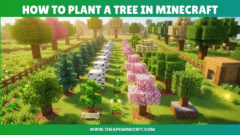 Minecraft scene demonstrating how to plant a tree, featuring rows of saplings and mature trees in a lush, organized garden with fences and flowers.