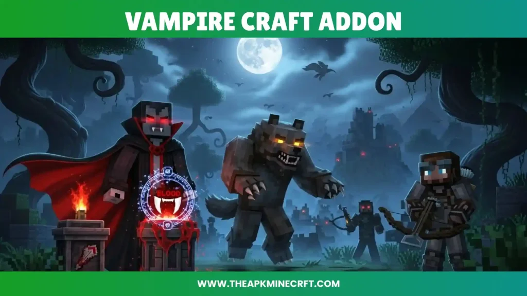 Minecraft scene featuring the Vampire Craft Addon, with players and mobs in a spooky nighttime setting, including a vampire character, a werewolf, and other eerie creatures.