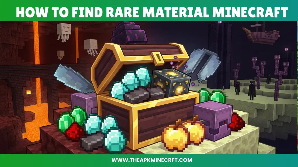 Rare Materials in Minecraft 1 Treasure chest filled with rare materials in Minecraft including diamonds, emeralds, netherite scrap, enchanted golden apples, and ancient debris in different dimensions